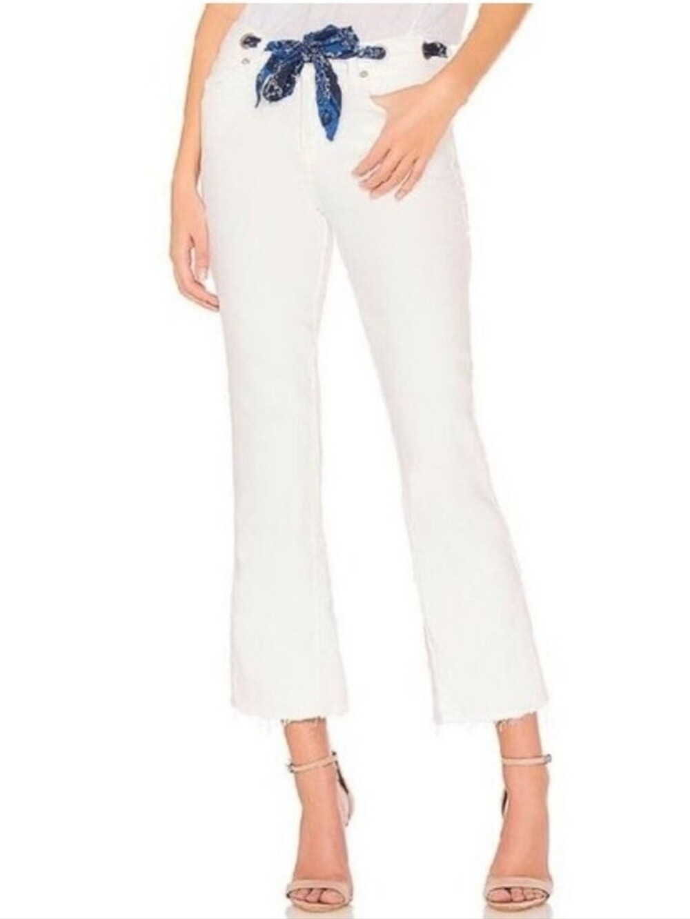 We The Free White Cropped Flare Jeans with Frayed Hem